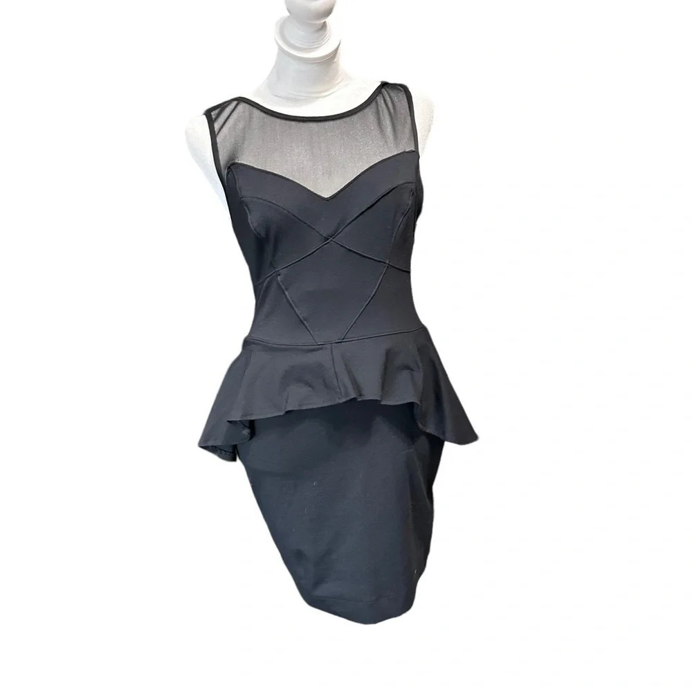 Bebe vneck top mesh small black peplum dress back zip nylon/spandex